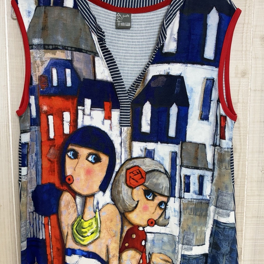 Dolcezza Art Print Tunic Top Sleeveless Paris Scene‎ Graphic Stripe Back Buttons